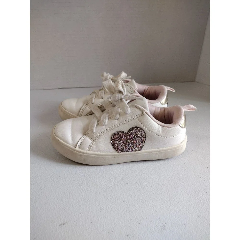 Carter's‎ Toddler Girls White Glitter Heart Lace Up Sneakers Size 10M